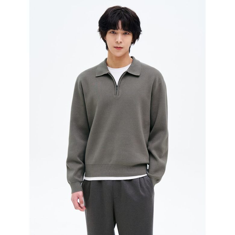 이중직 카라 반집업 니트  그레이