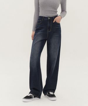 여성 워싱 롱 와이드 데님 팬츠 (다크블루)