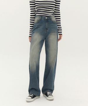 여성 워싱 롱 와이드 데님 팬츠 (빈티지블루)