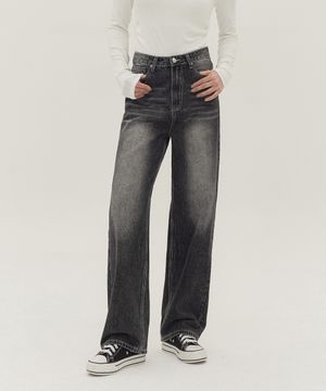 여성 워싱 롱 와이드 데님 팬츠 (흑청)