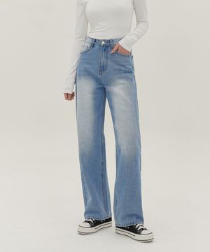 여성 워싱 롱 와이드 데님 팬츠 (라이트블루)