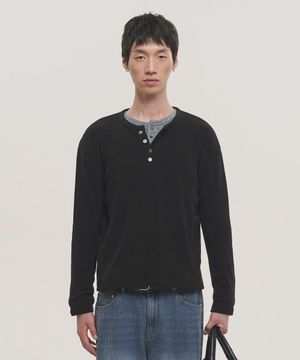 소프트 헨리넥 슬리브 니트 - 블랙