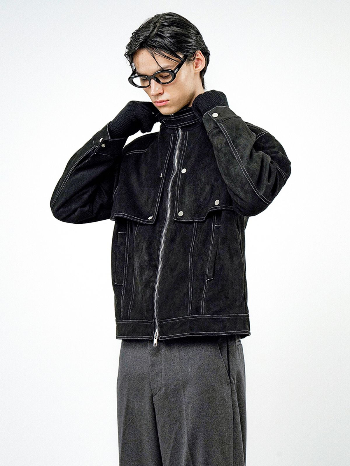 챈세스노이(CHANCE'S NOI) Biker Burton Neck Suede Jacket - Black /M24OT01BK