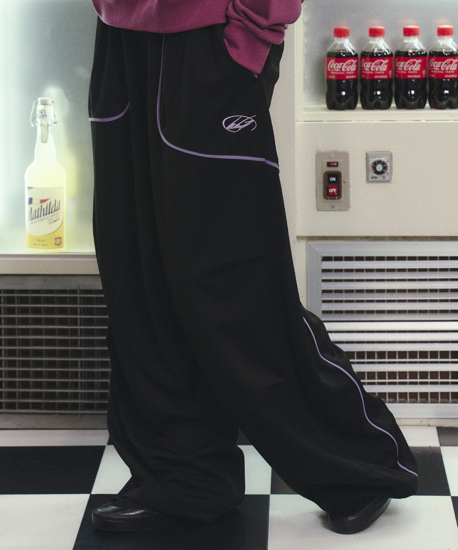 MUSINSA | TRAVEL Wide fit piping jersey pants black