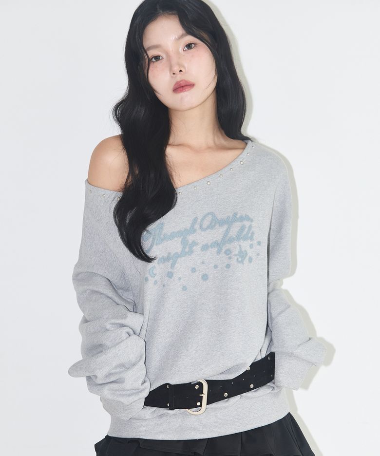 원숄더 스터드 보트넥 맨투맨 멜란지