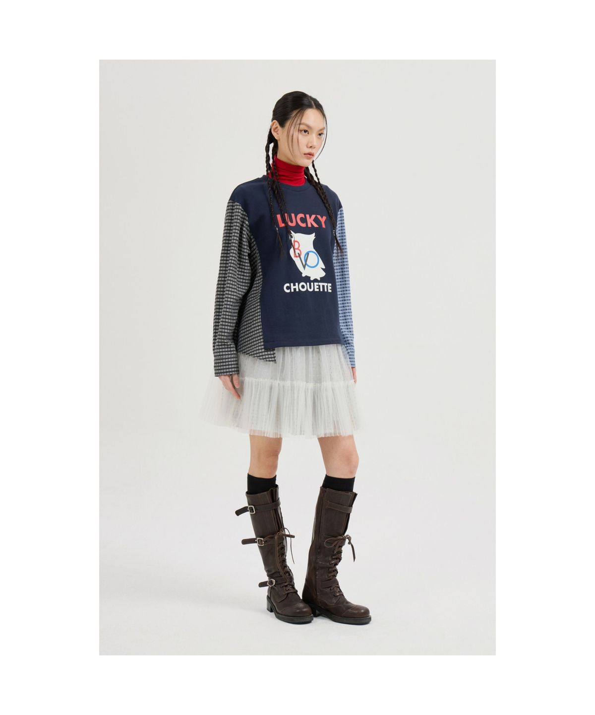 럭키슈에뜨(LUCKY CHOUETTE) Checkered Sleeve MIX Long-Sleeved T-Shirt (dark navy) LFTAS25195NYD
