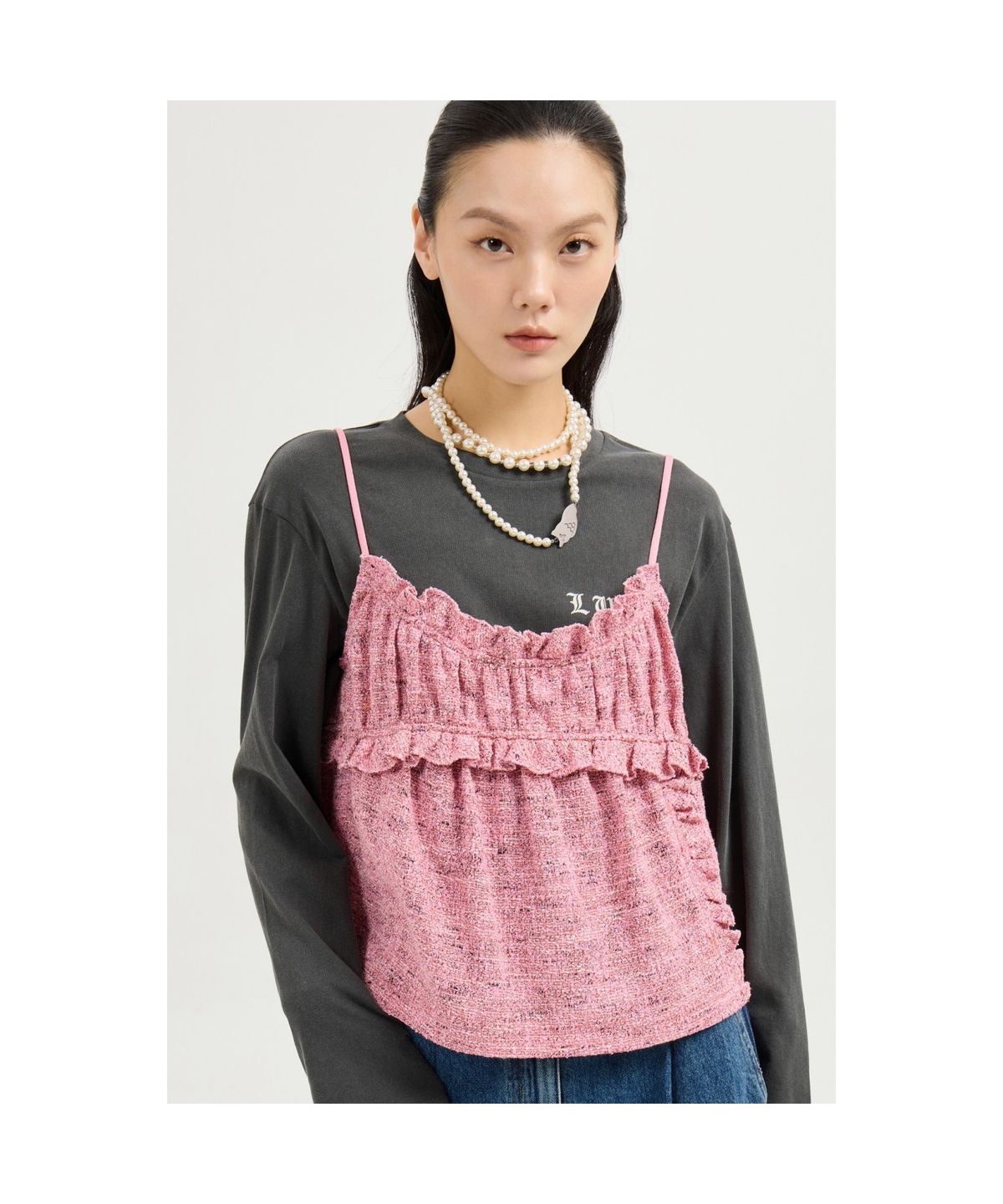 럭키슈에뜨(LUCKY CHOUETTE) Pigment Loose-Fit Long-Sleeved T-shirt (dark grey) LFTAS25180GYD
