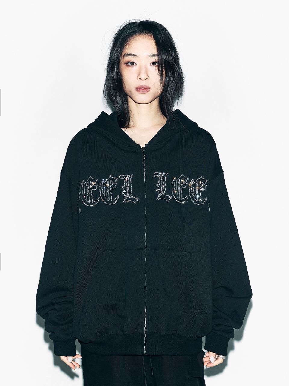 MUSINSA STUDDED ZIP-UP HOODIE OVERSIZED BLACK