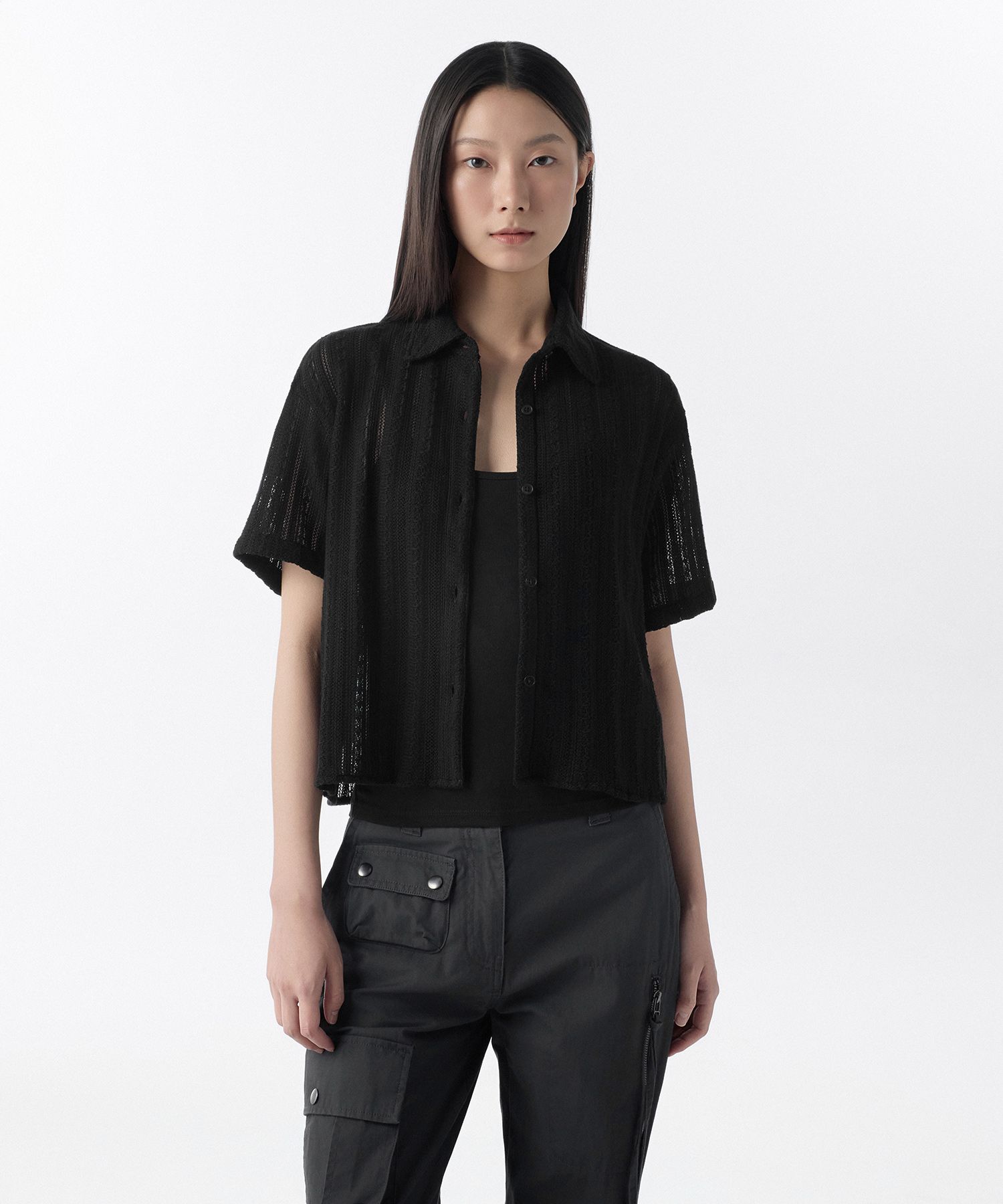 ★MUSINSA STANDARD★ Relaxed Crochet Short Sleeve Shirt Blac MUSINSA | MUSINSA STANDARD WOMAN Women's Relaxed Crochet