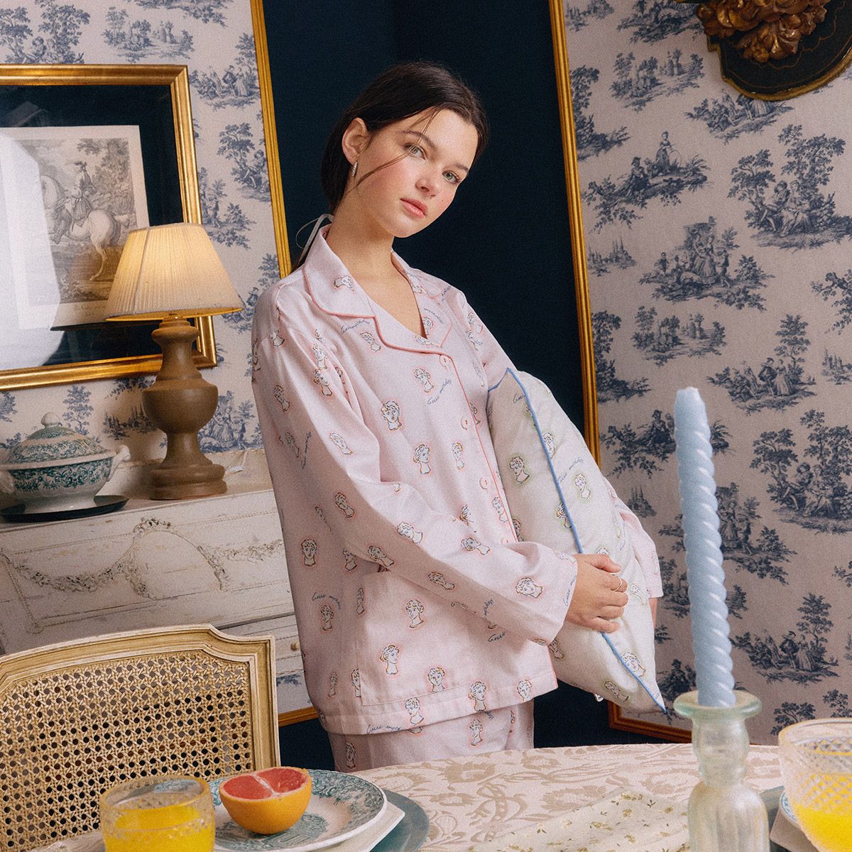 MUSINSA | ORCITE pajamas Womens F022 Greek Long Sleeve Top and Bottom