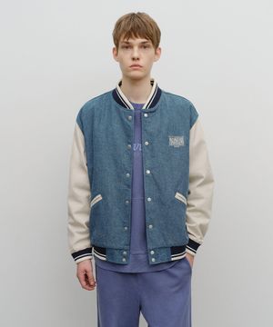 CLASSIC LOGO EMBROIDERY DENIM VARSITY JACKET light blue