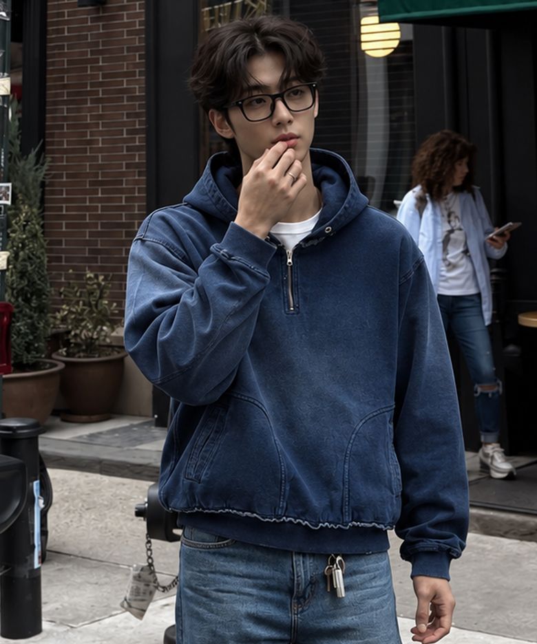 빈티지 워시드 썸홀 후드티_블루