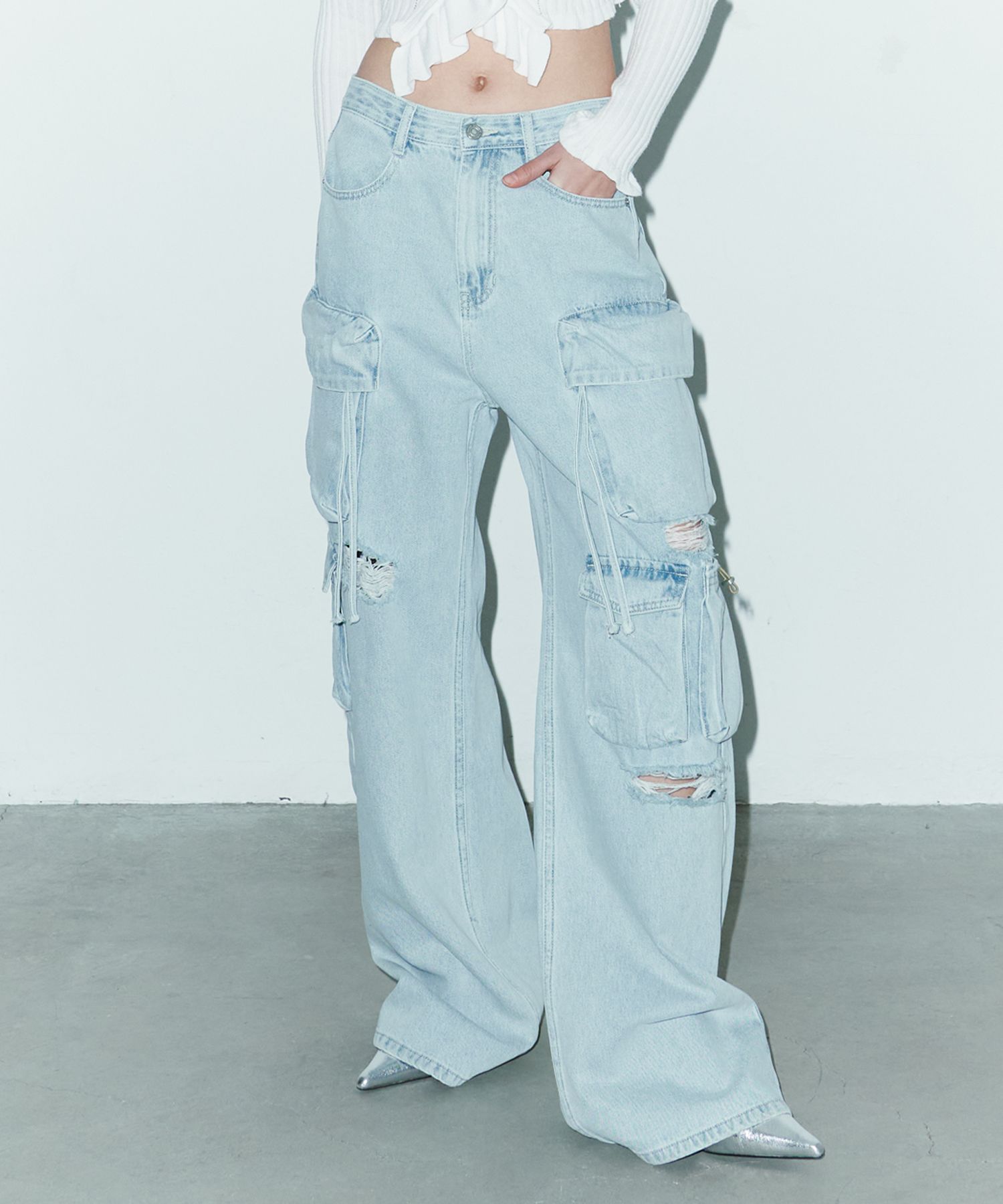 MUSINSA | ORDINARY HOLIDAY Cargo Damage Wide Denim Pants [SKY BLUE]