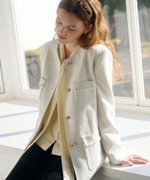 프린지 라운드 롱 트위드 자켓 [IVORY]