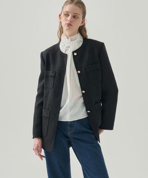 프린지 라운드 롱 트위드 자켓 [BLACK]