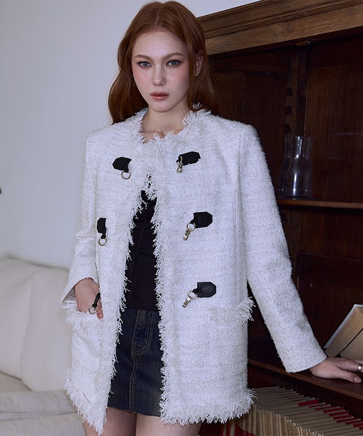 MUSINSA公式 | ROSÉ FRANTZ Buckle Fringe Tweed Jacket [Ivory]