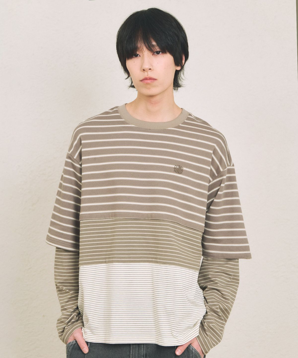 꼬모니노즈(COMONINOZ) BLOCKED STRIPE T-SHIRT [BEIGE]
