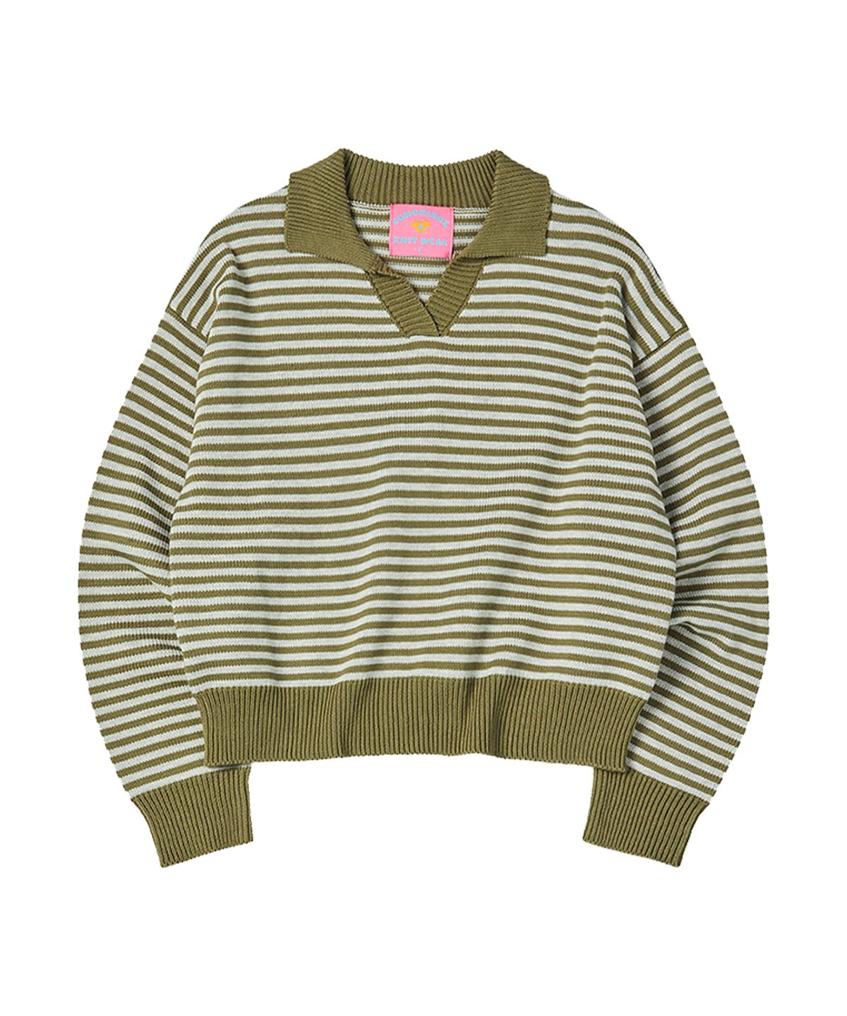 꼬모니노즈(COMONINOZ) W STRIPE COLLAR KNIT [KHAKI]