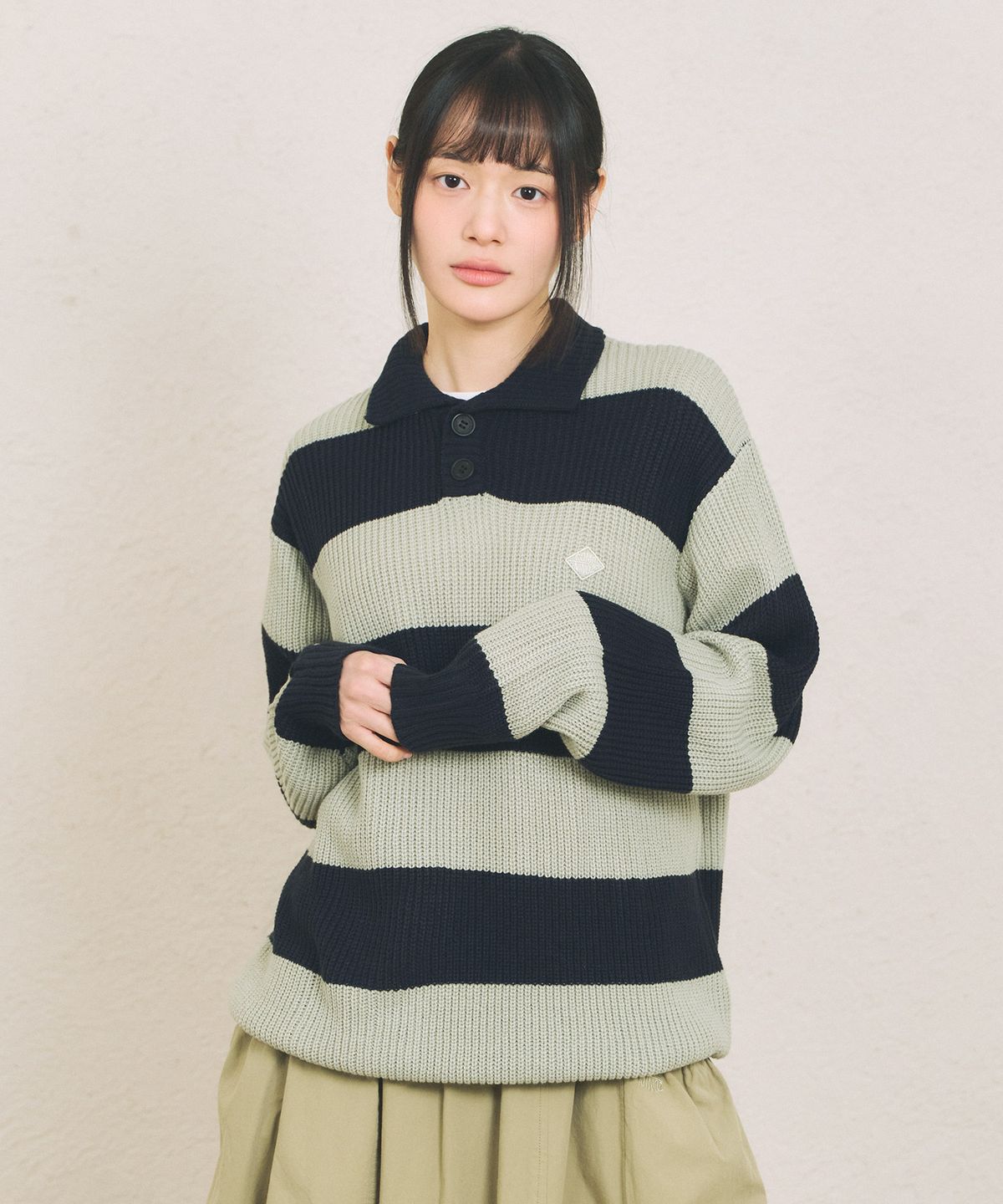 꼬모니노즈(COMONINOZ) BOLD STRIPE COLLAR KNIT [NAVY]