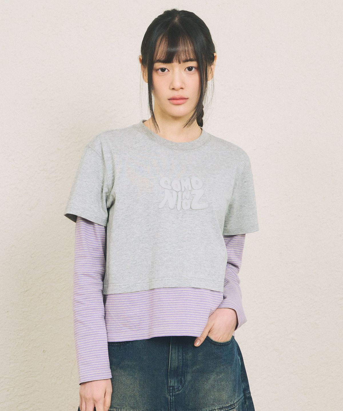 꼬모니노즈(COMONINOZ) W LAYERED T-SHIRT [GRAY]