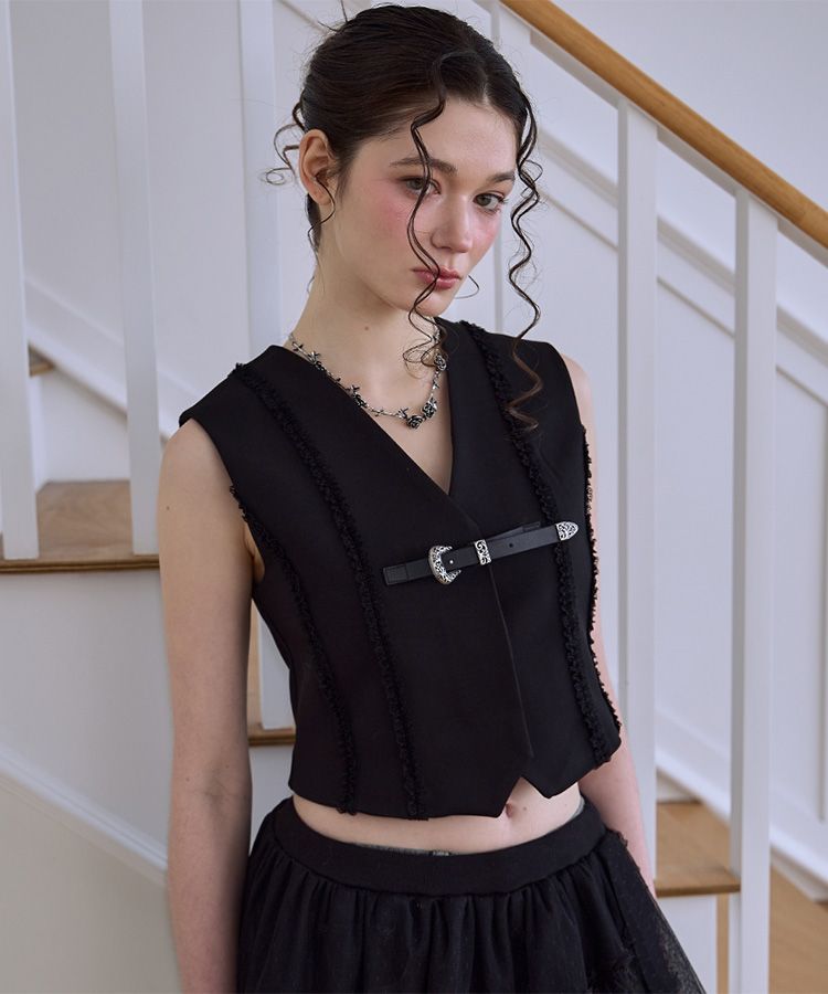 MUSINSA公式 | ROSÉ FRANTZ Lace Belt Vest [Black]