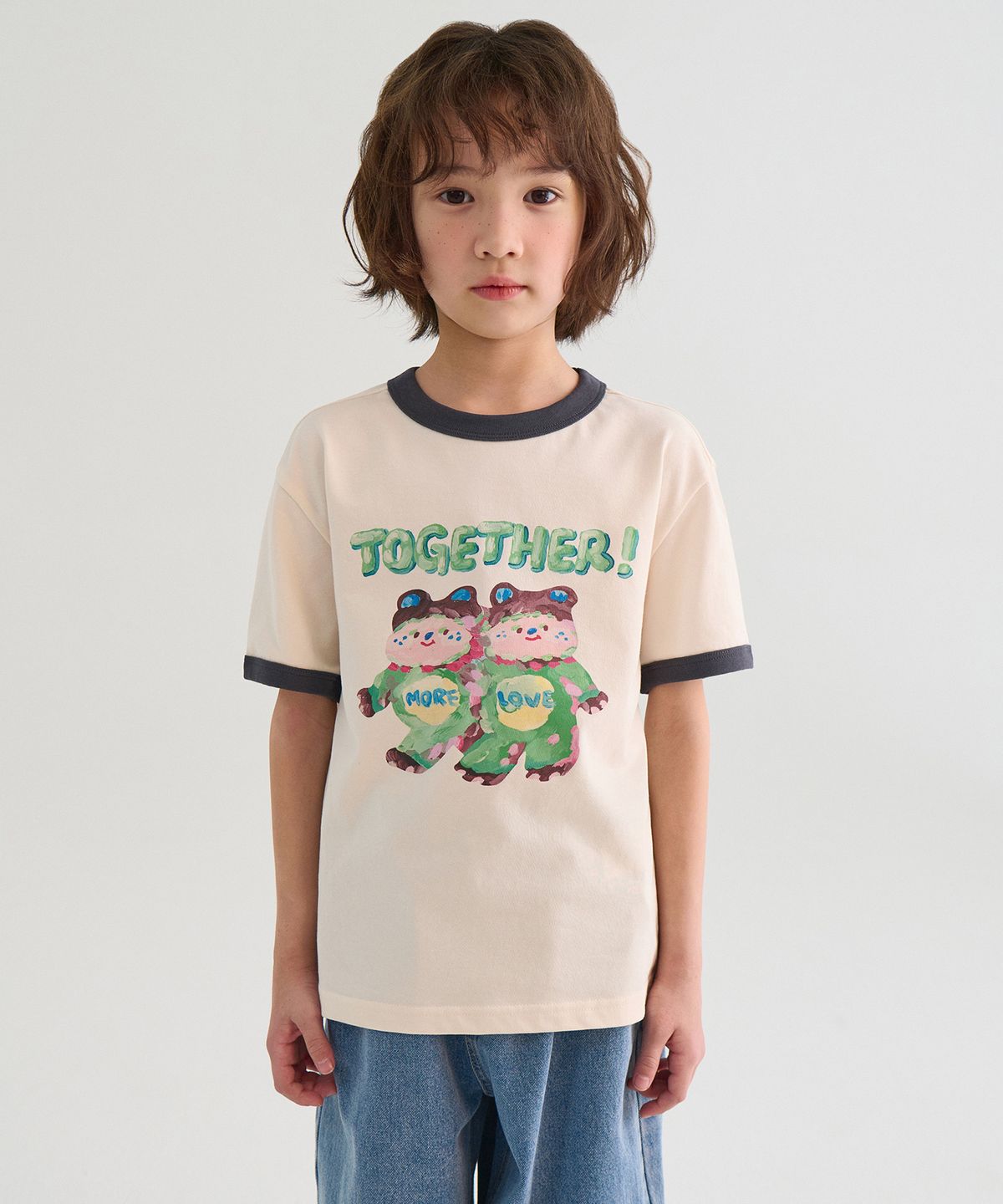 무신사 스탠다드 키즈(MUSINSA STANDARD KIDS) 투게더  릴렉스드 링거 티셔츠 [크림]