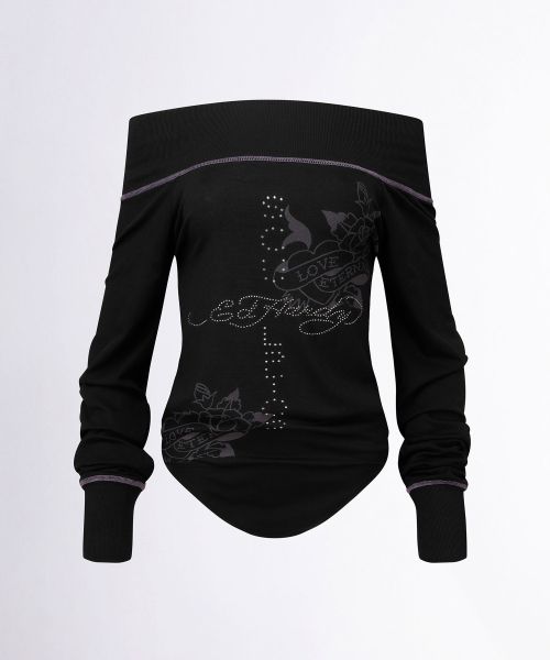 【Sculptor X Ed Hardy】 オフショルTシャツ ブラック 스컬프터(SCULPTOR) [Sculptor X Ed Hardy] Raglan Off-Shoulder Tee