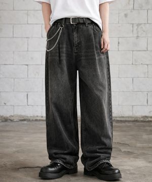 핀턱 빈티지 워싱 벌룬핏 와이드 데님팬츠(Black)