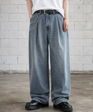 핀턱 빈티지 워싱 벌룬핏 와이드 데님팬츠(Blue)