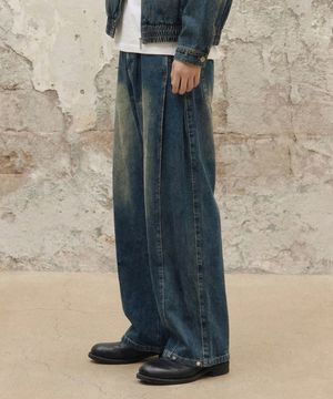 빈티지 사이드 턱 와이드 데님 팬츠 [데저트 블루]