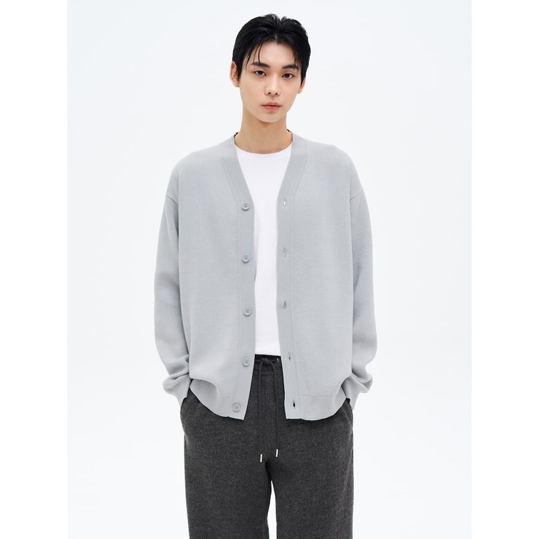 이중직 와이넥 베이직 카디건  라이트 그레이