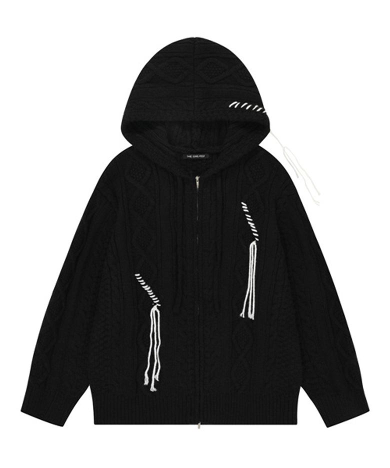 Cable Knit Hood Zip-up Black