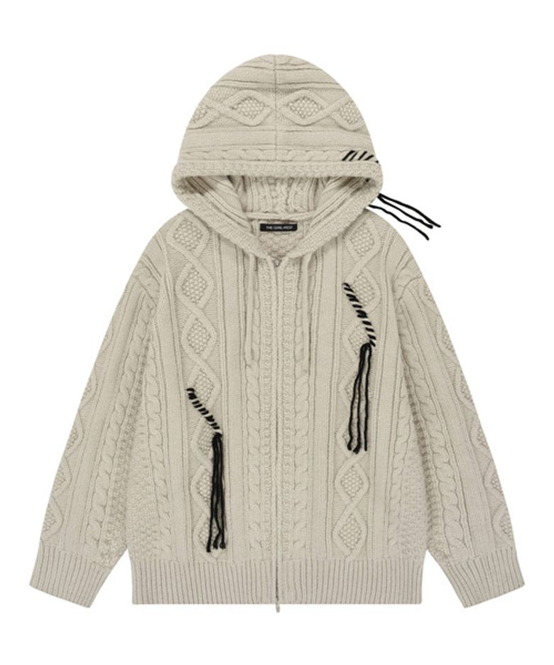 Cable Knit Hood Zip-up Beige