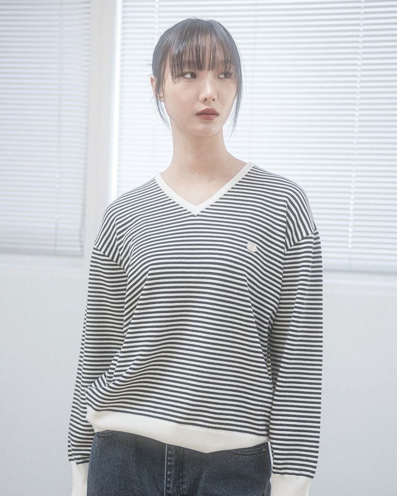 ROSE STRIPE  V-NECK KNIT(IVORY)