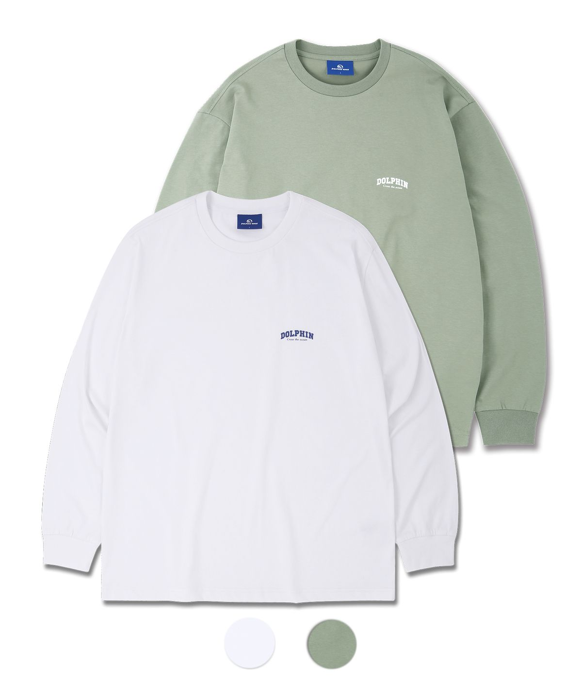 돌핀웨이브어패럴(DOLPHIN WAVE APPAREL) [2팩] 돌핀 아치로고 롱 슬리브 티셔츠 화이트 라이트카키
