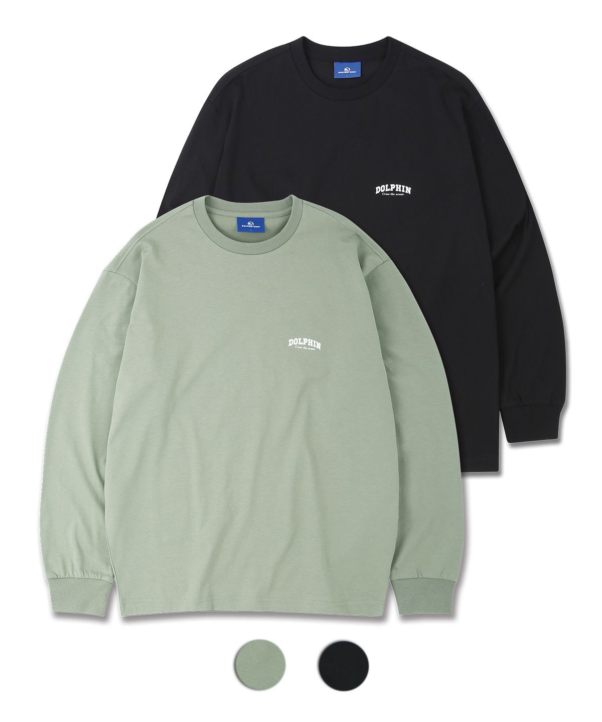돌핀웨이브어패럴(DOLPHIN WAVE APPAREL) [2팩] 돌핀 아치로고 롱 슬리브 티셔츠 라이트카키 블랙