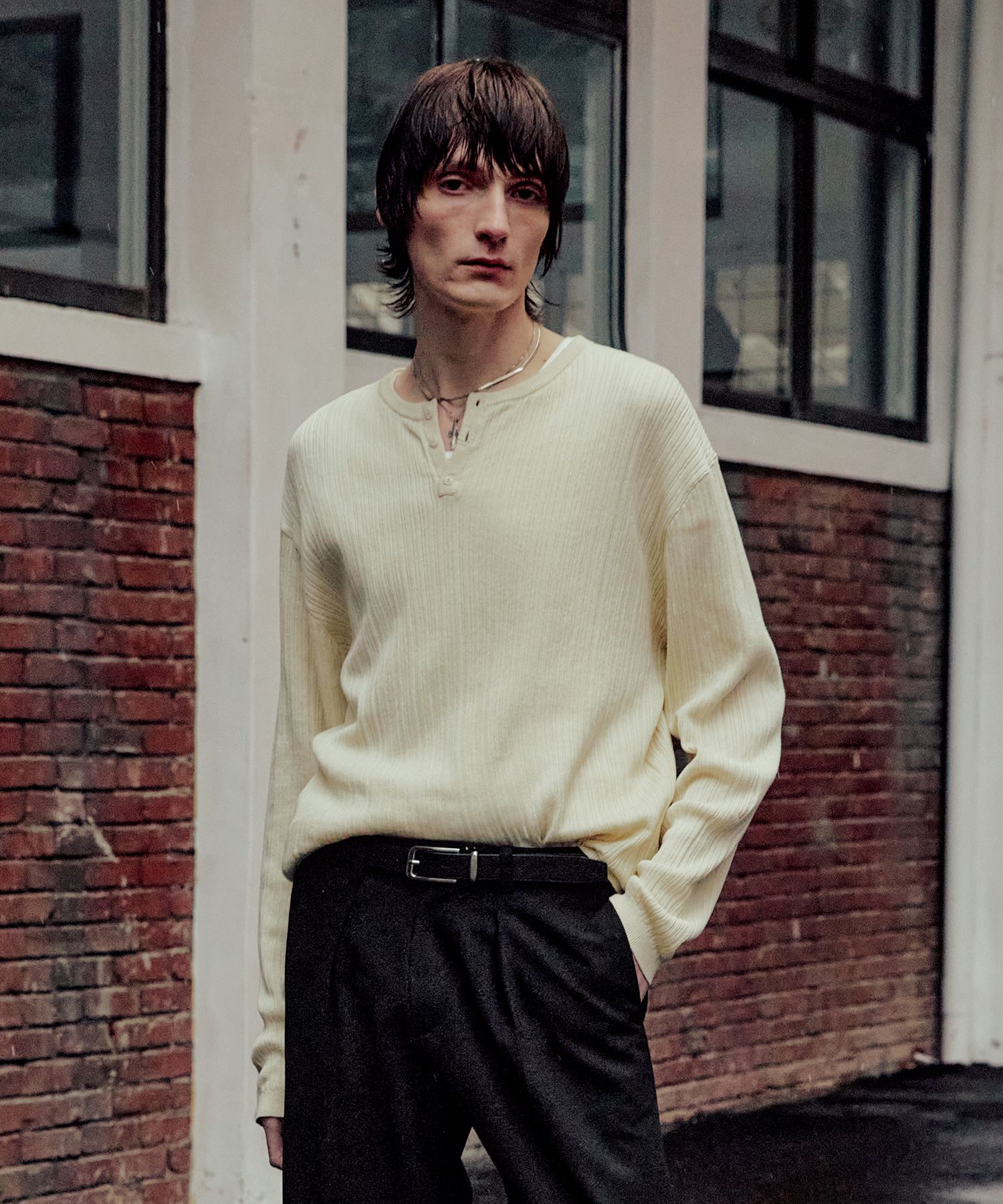 [LMOOD] VERTICAL RIBBED HENRYNECK LONG SELLVE KNIT /追跡付 MUSINSA公式 | LMOOD Vertical ribbed henley neck long sleeve