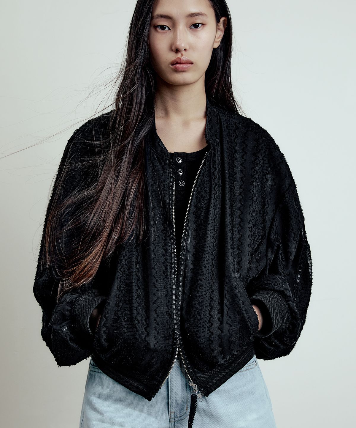 엘무드 우먼(LMOOD WOMEN) 시어 쉬폰 블루종 점퍼 블랙