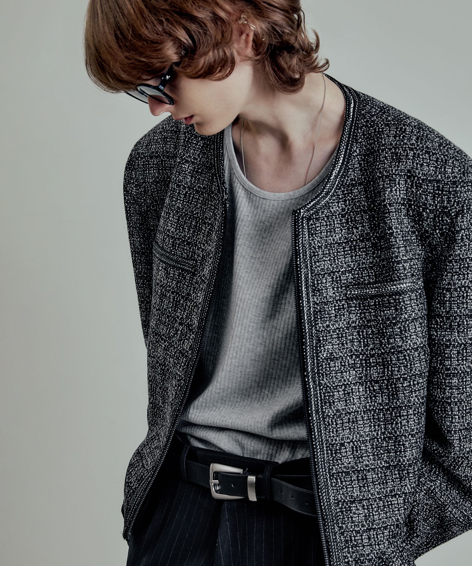 MUSINSA | LMOOD Metal Trimmed Tweed Jacket Black
