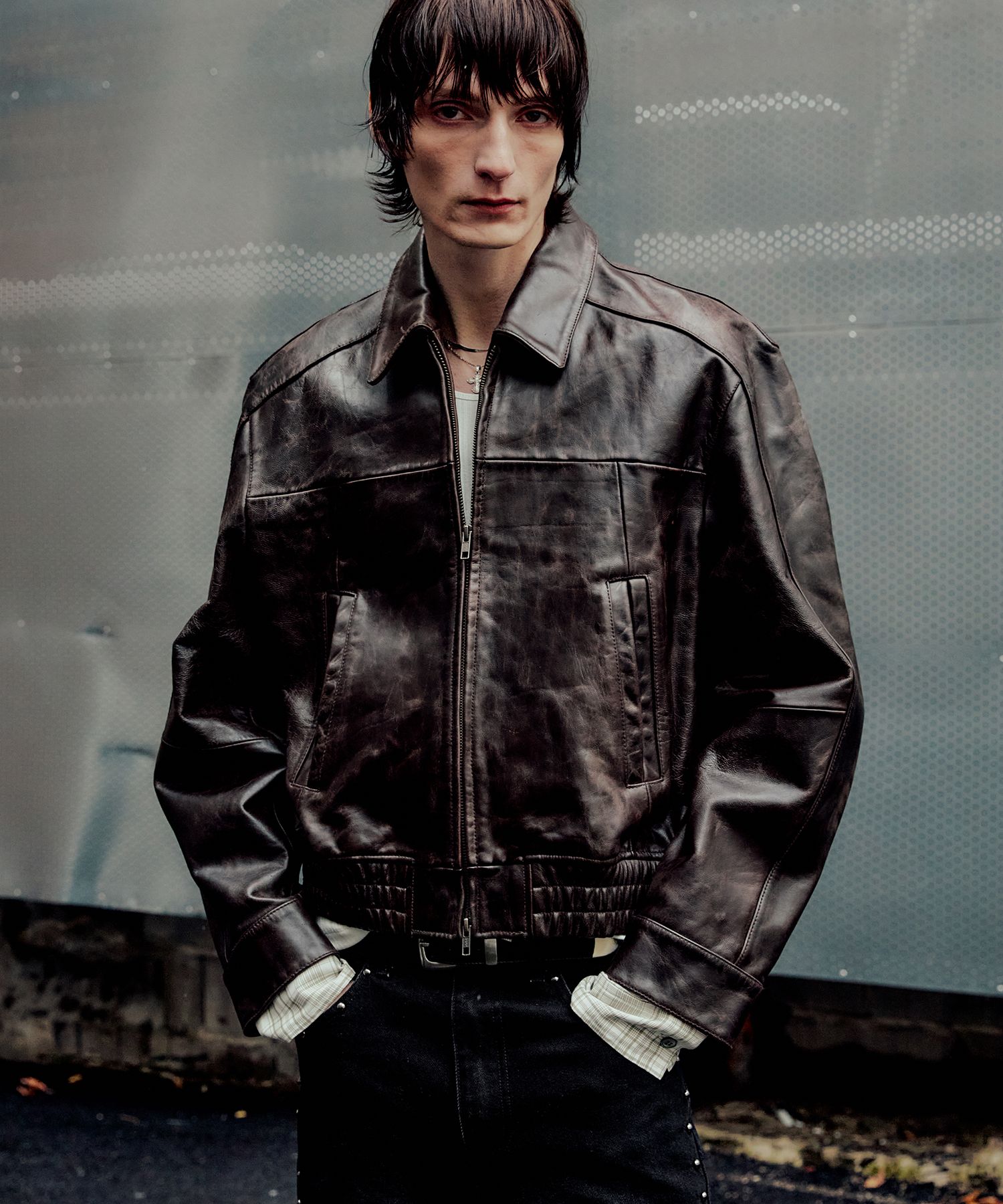 MUSINSA | LMOOD Coated lambskin leather blouson jacket brown