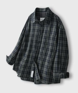 레트로 오버핏 코튼 플란넬 포켓 체크 셔츠 [그린]