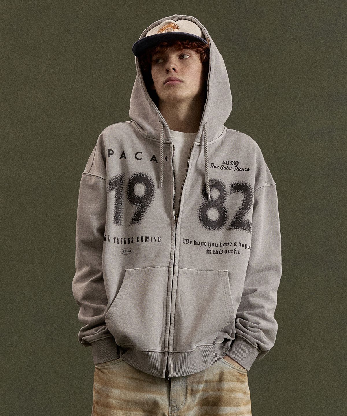 아모우(AMOU) 1982 Vintage Uniform hoodie zip up gray