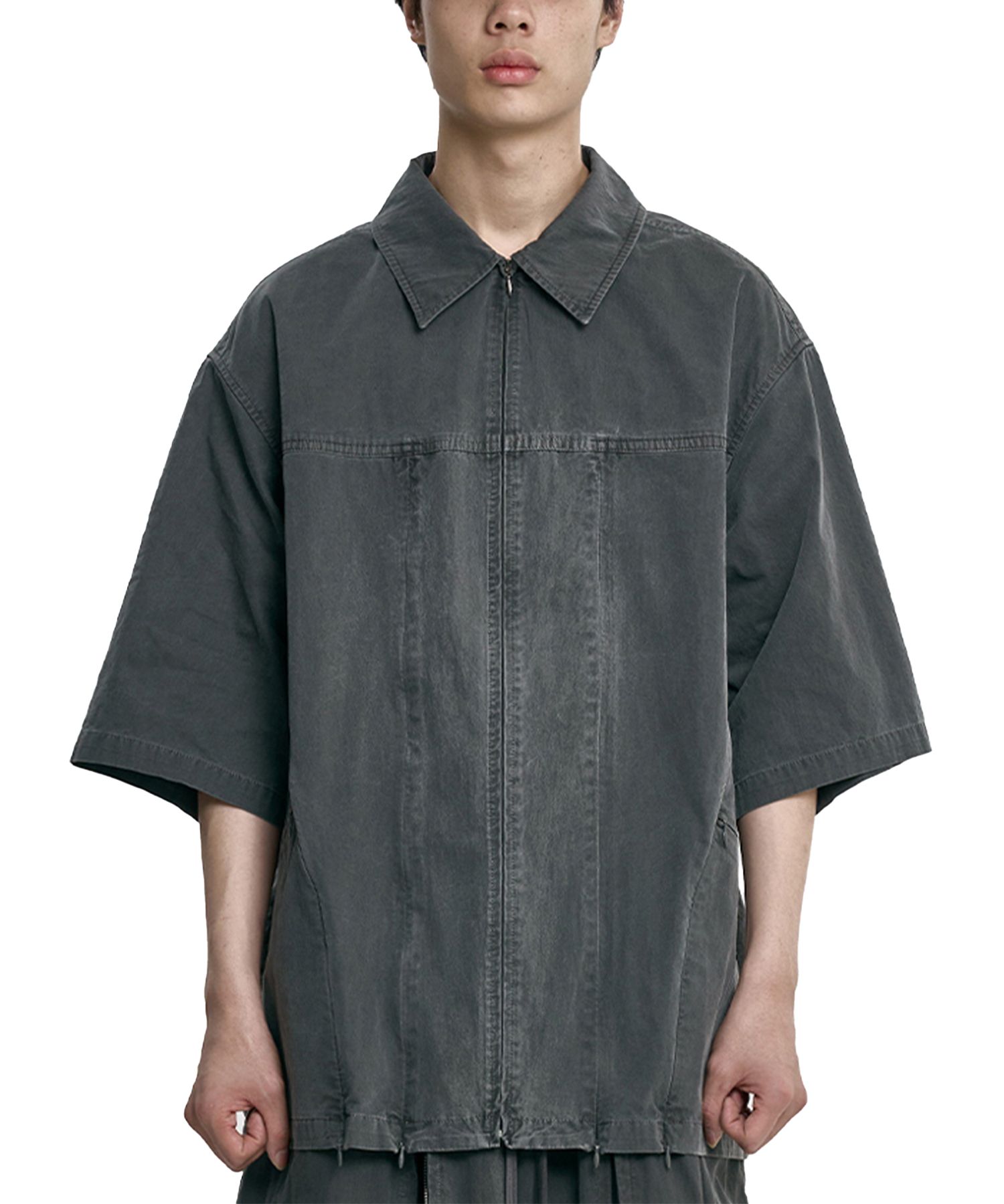 MUSINSA公式 | AJOBYAJO Paneled Zip-Up Shirt [CHARCOAL]