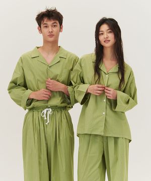 [2PACK] (uni)도미토리 티킹 스트라이프 파자마 올리브