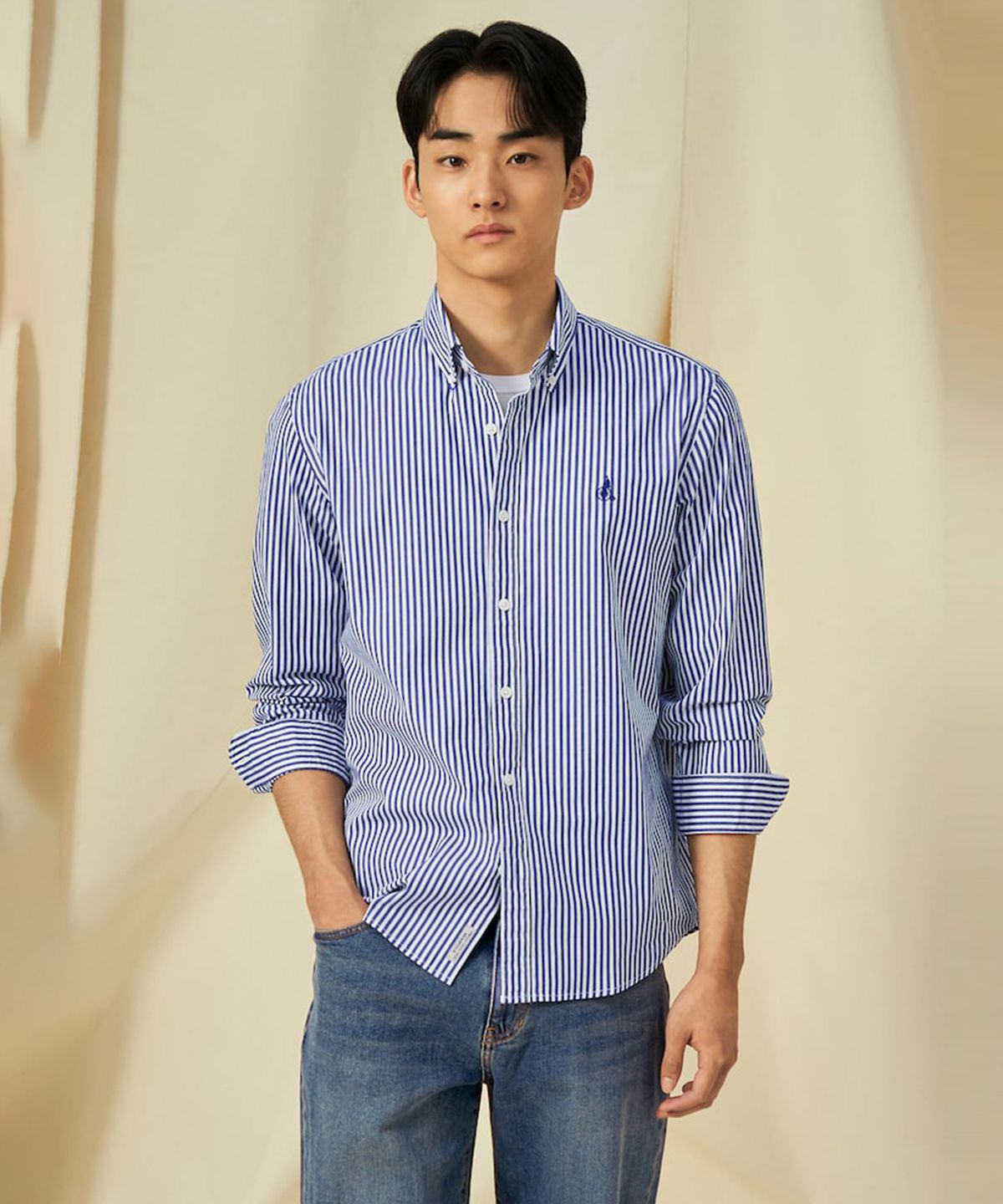 빈폴 멘(BEANPOLE MEN) [Essential] 남녀공용 플레인 스트라이프 셔츠  네이비