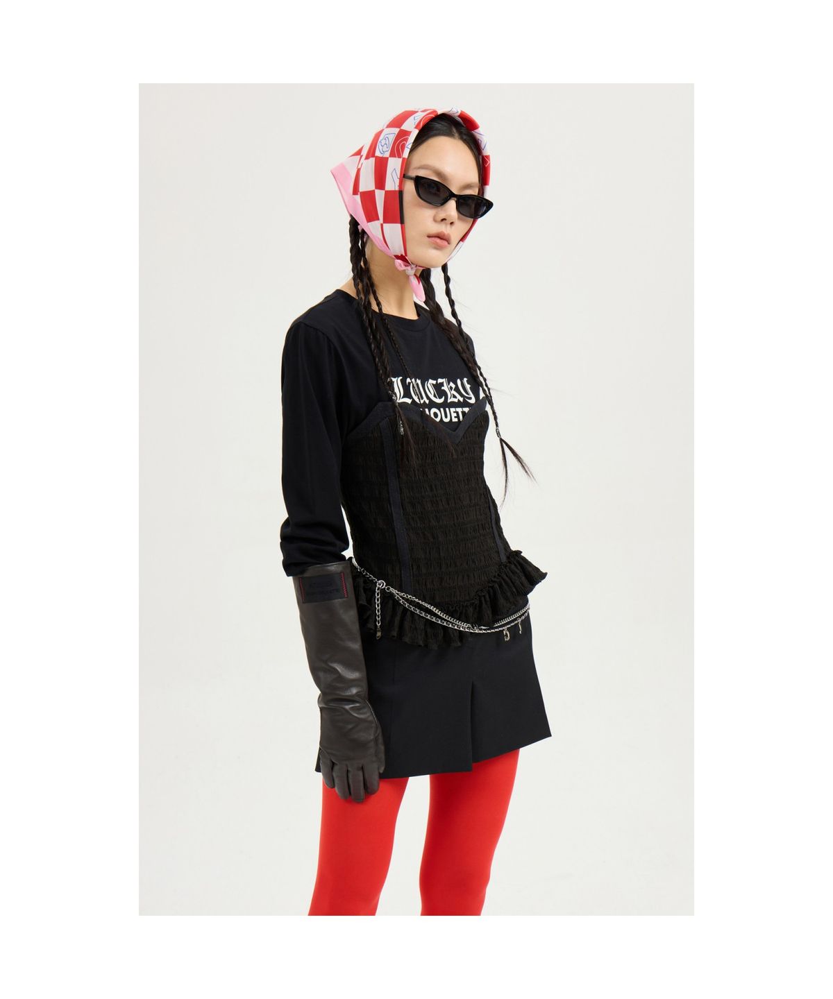 럭키슈에뜨(LUCKY CHOUETTE) Woven Bustier Long-sleeve T-shirt (black) LFTAS25100BKX