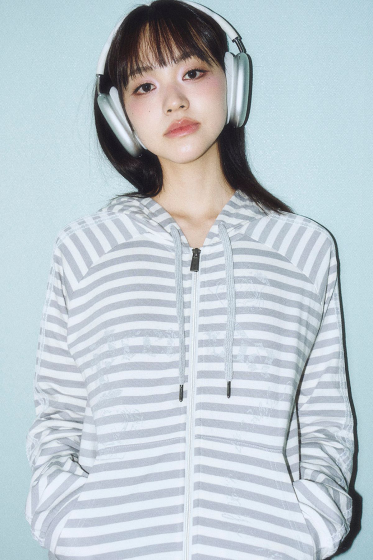 프렌다(PRENDA) VINTAGE LOGO STRIPE HOOD ZIP-UP GRAY