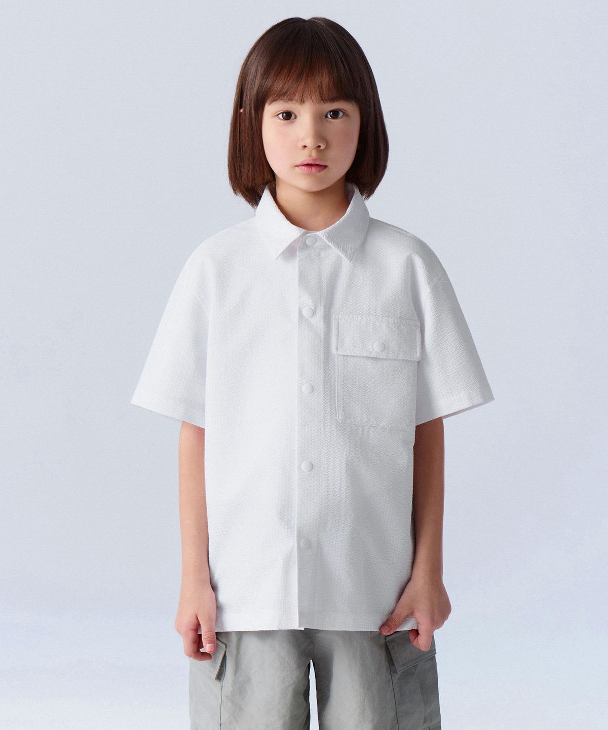 무신사 스탠다드 키즈(MUSINSA STANDARD KIDS) 오버사이즈 시어서커 반팔 셔츠 [화이트]