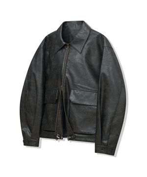87-STAN176 미니멀 빈티지 더블 포켓 레더 자켓 블랙