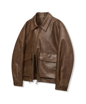 87-STAN176 미니멀 빈티지 더블 포켓 레더 자켓 브라운